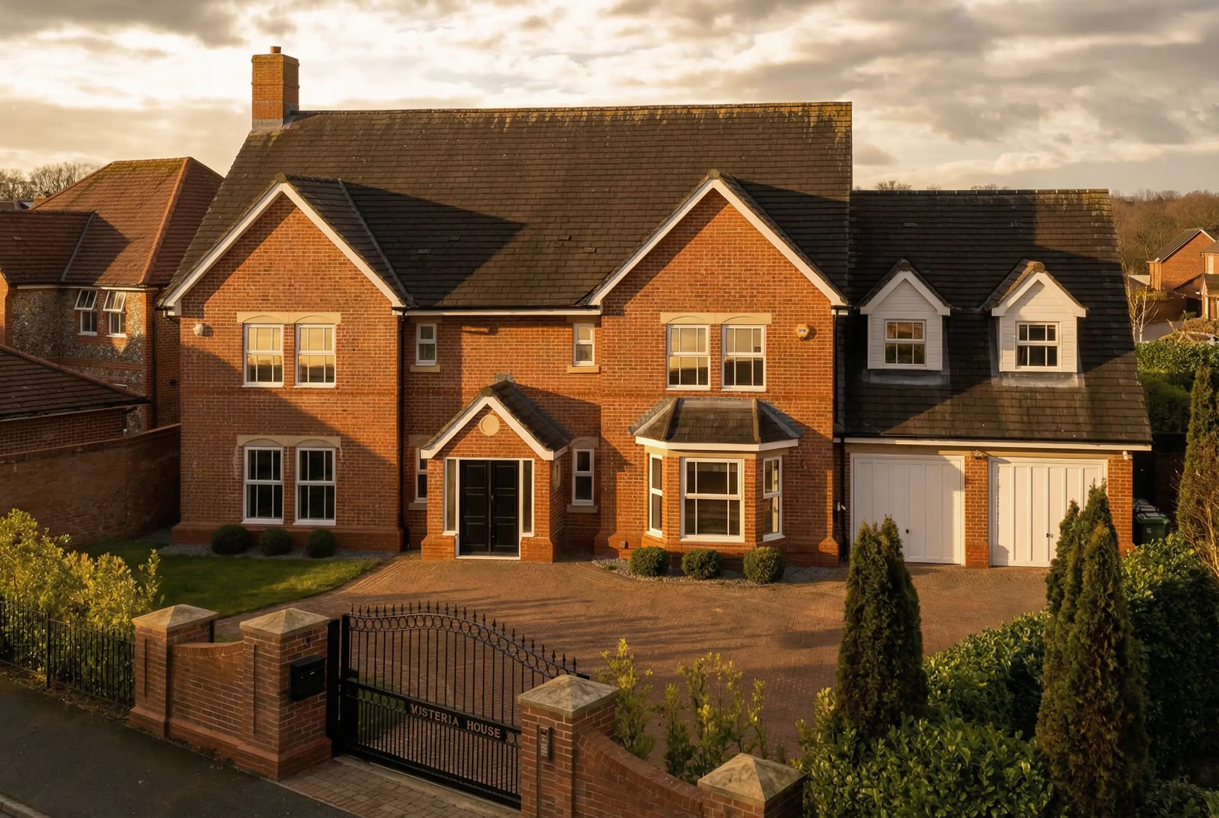 Luxury red brick manor house with textured masonry and warm interior window glow at sunset.