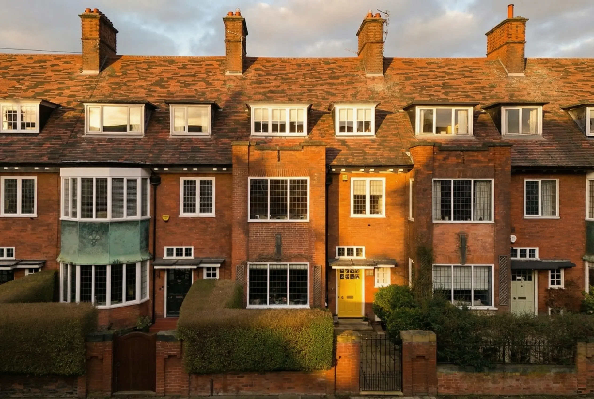 Symmetrical red brick house design featuring balanced shadows and precise architectural mass.