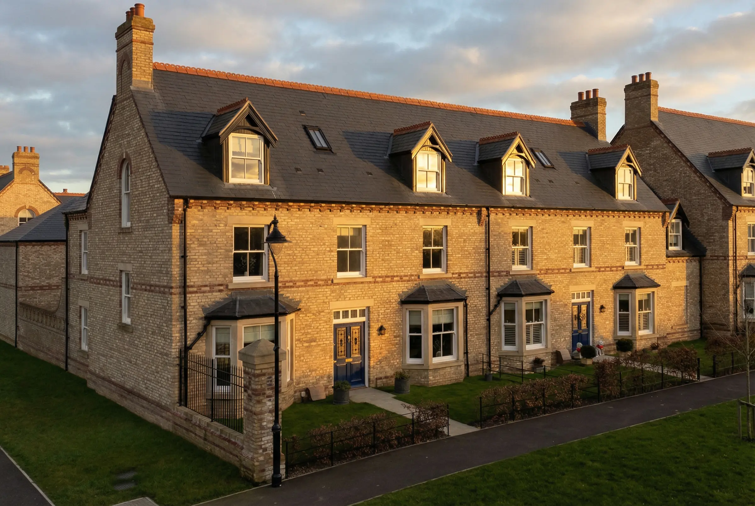 High-end stone terrace architecture at Lambton Park featuring low-sun amber lighting and precise 90-degree vertical alignment.